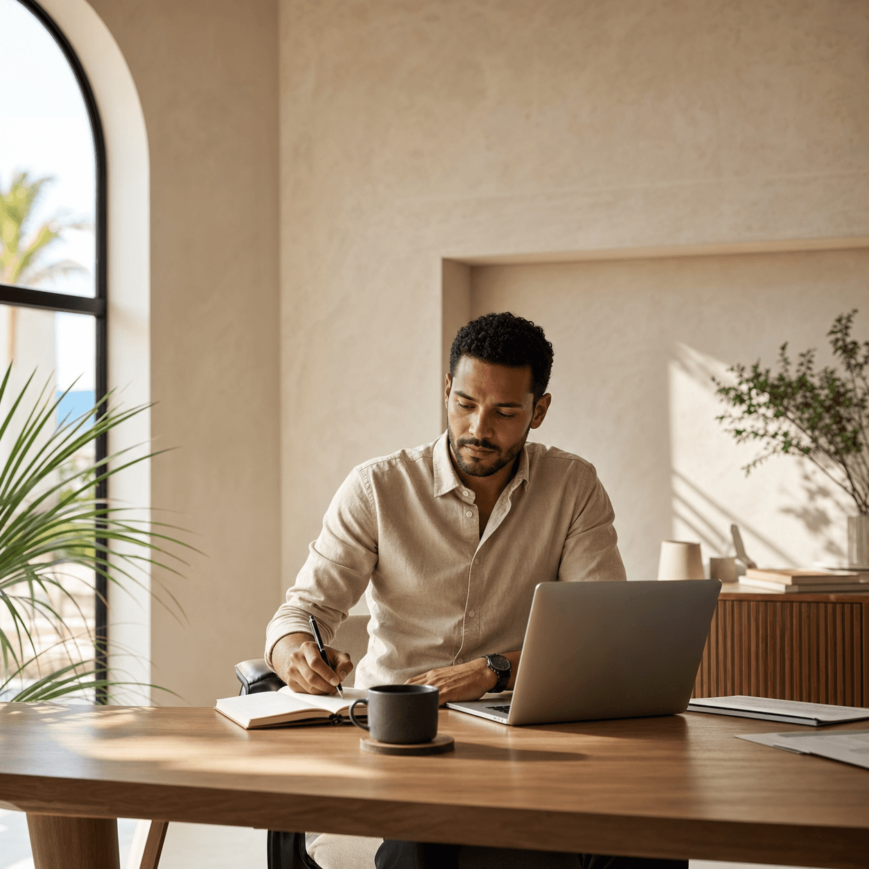 A calm service business owner reviewing operations in a bright office